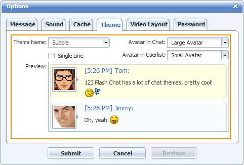 Opciones de tema de 123FlashChat, software Flash, chat PHP, chat HTML