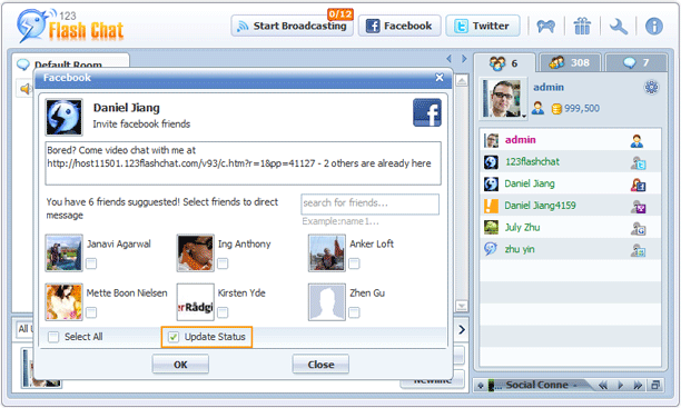 Facebook Friends Invite Panel of 123 Flash Chat, Chat Software