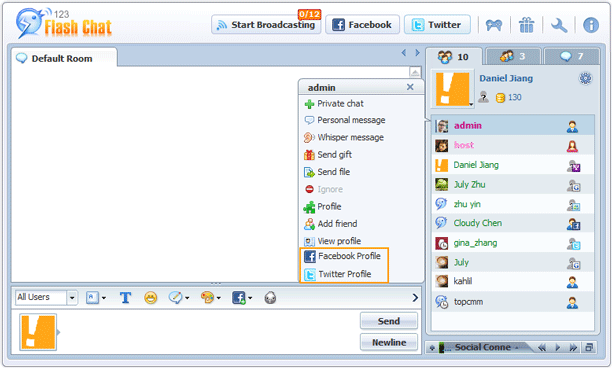 Facebook and Twitter icons on the activation profile panel of 123 Flash Chat, chat software