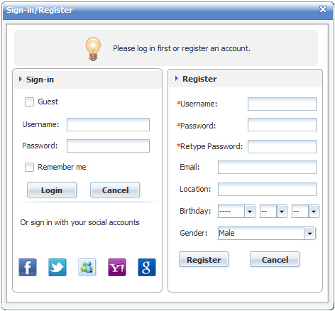 Social Connect Login Panel of 123 Flash Chat, Chat Software
