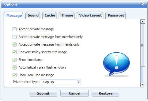 Opciones de mensaje de 123FlashChat , Software Flash, Chat PHP, Chat HTML