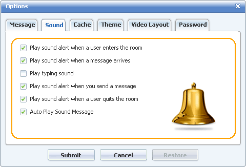 Opciones de sonido de 123FlashChat, Software Flash, chat PHP, chat HTML