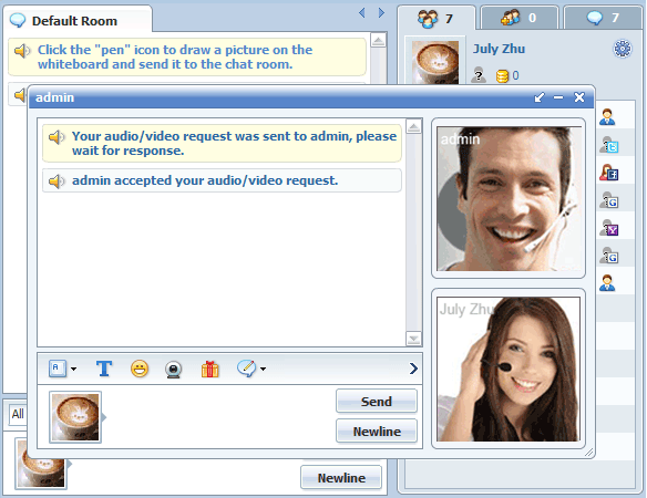 Popup video windows in popup mode of private messages of 123 Flash Chat, Chat Software