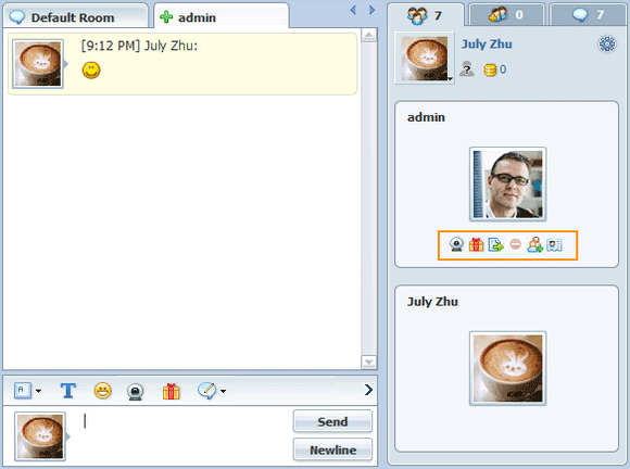 User interaction buttons on private avatar panel of 123 Flash Chat, chat software