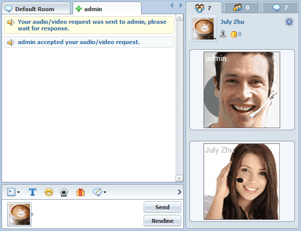 Popin video windows in private message tab mode of 123 Flash Chat, Chat Software