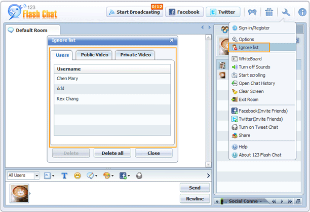 Ignore Panel of 123 Flash Chat, Chat Software
