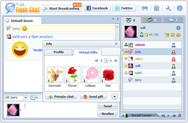 Virtual gifts record on profile panel, 123 Flash Chat Software